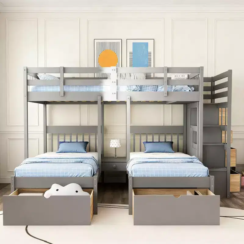 Full Over Twin and Twin Wooden Bunk Bed with 6 Drawers and Stair