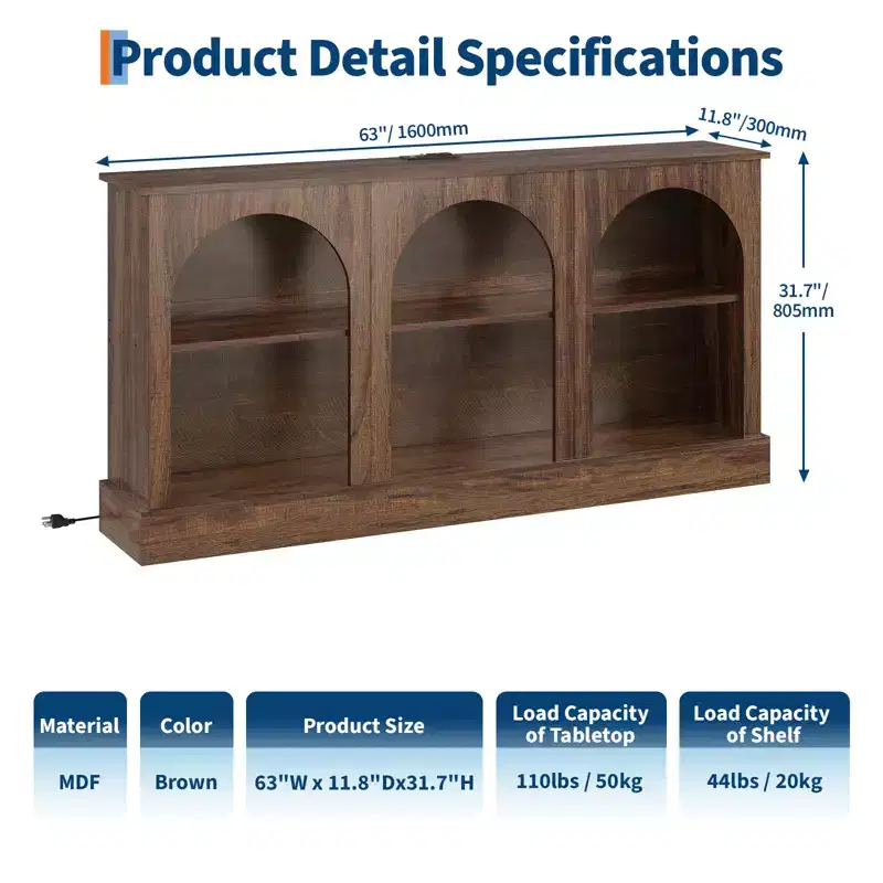 Console Table TV Stand with Power Outlets, 63in 3-Tier Arched Modern Media Entertainment Center with Charging Station Open Shelves for 65/70 in TV