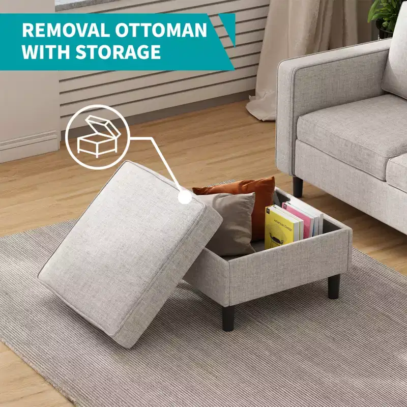 Mjkone Convertible Sectional Sofa Couch, Linen Fabric 3-Seat L-Shaped Sofa with Storage Ottoman