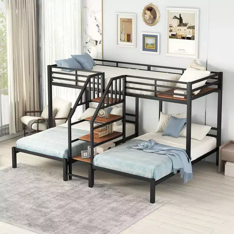 Twin over Twin-Twin Triple Loft Bunk Bed with Storage Shelves, Staircase and Safety Guardrail for Kids