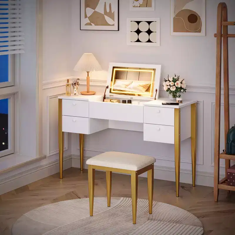COZONY Small Vanity Desk with LED Mirror, Makeup Table Set with Flip Top and Drawers for Bedroom