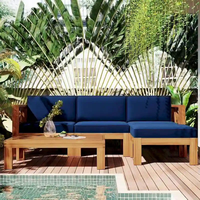 5-Piece Outdoor Backyard Patio Wood Sectional Sofa Seating Group Set with Cushions, Natural Finish+ Cushions