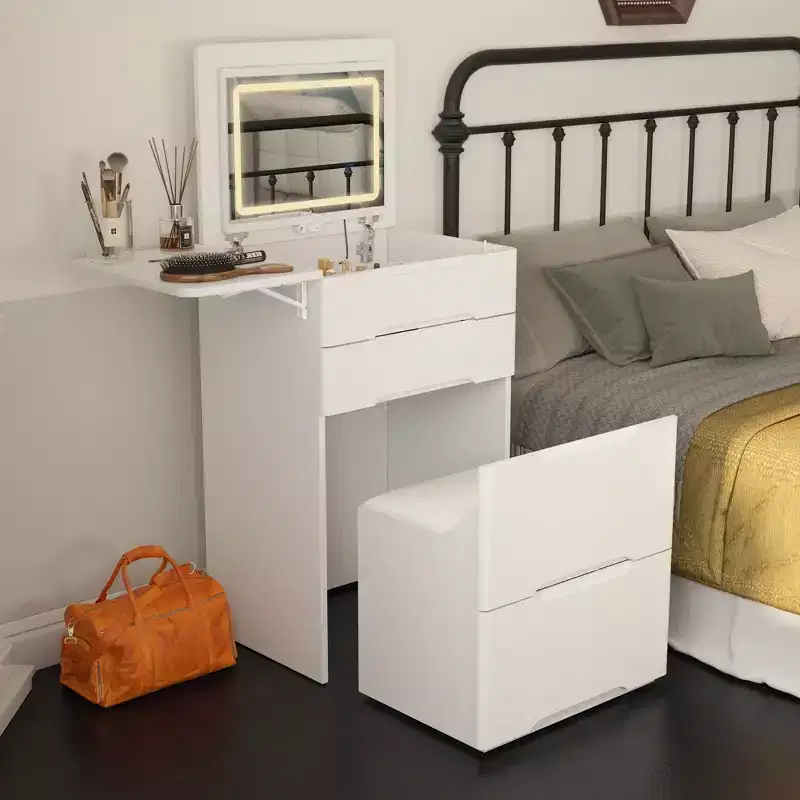 Famapy White Foldable Storage Vanity - Compact Makeup Table with Organization