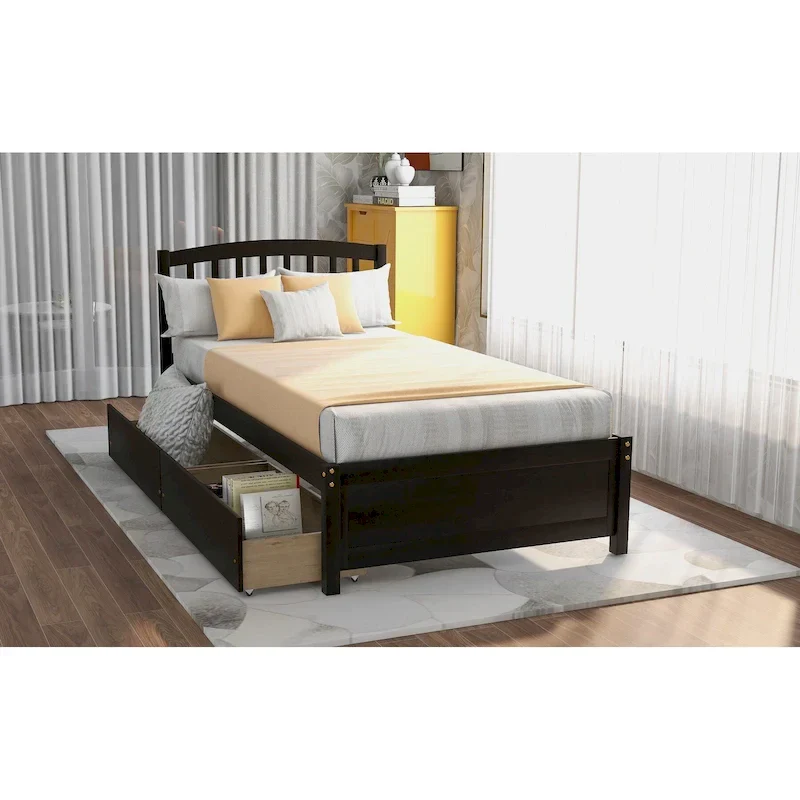 Twin Size Wood Platform Bed with Two Drawers and Headboard