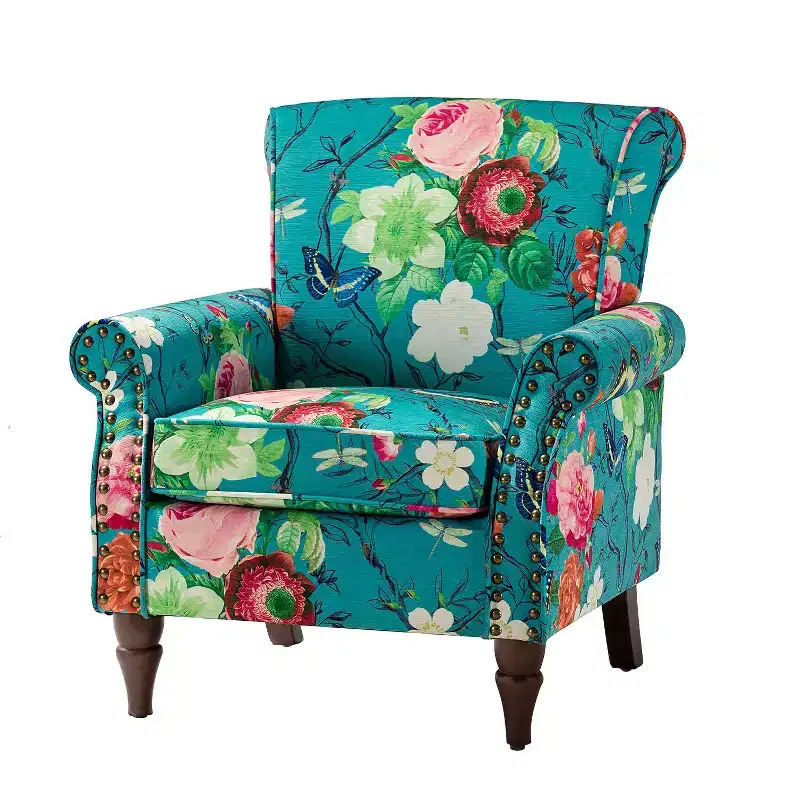 Araceli Traditional Wooden Upholstered Floral Armchair with Wingback and Nailhead Trim| ART OF LIVING DESIGNS