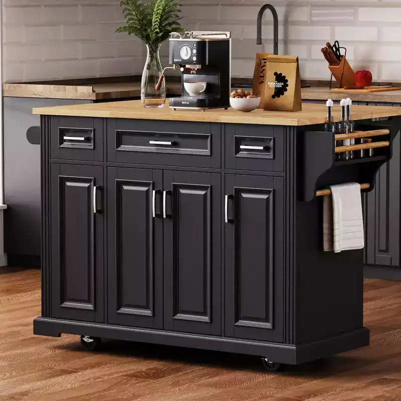 Whisen 54 Kitchen Island with Rubber Wood Drop Leaf, Embossed Texture Kitchen Cart on Wheels with Multiple Storage