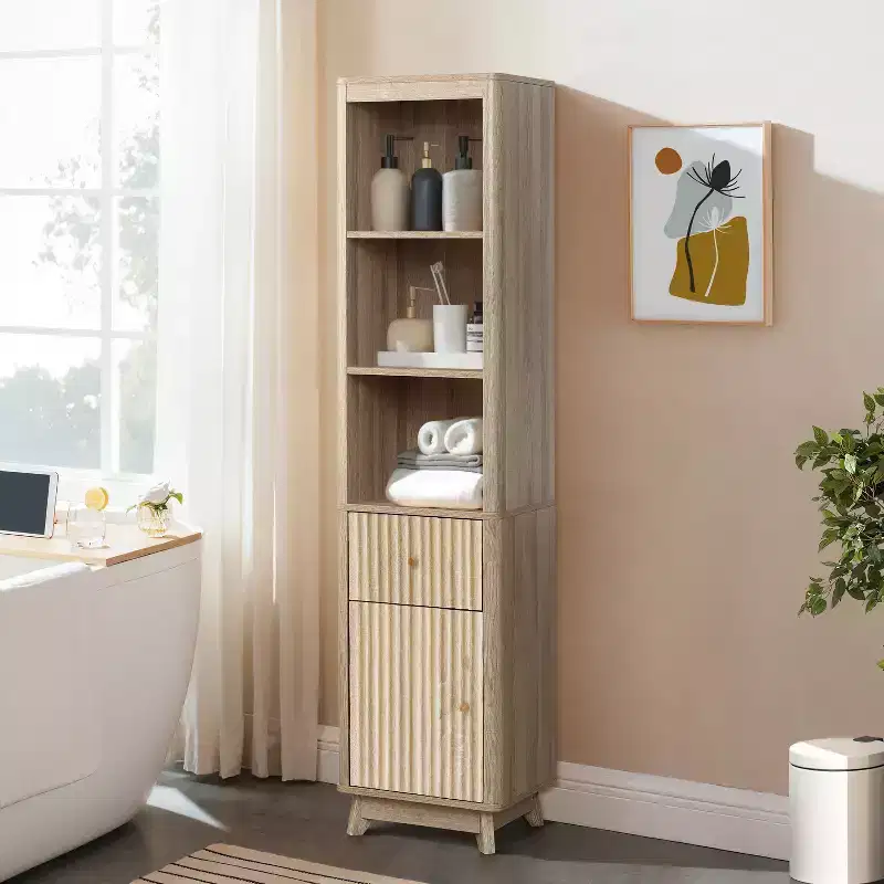 LuxenHome Natural Finish Wave-Patterned Manufactured Wood 1-Drawer 1-Door Bathroom Tower Cabinet Brown