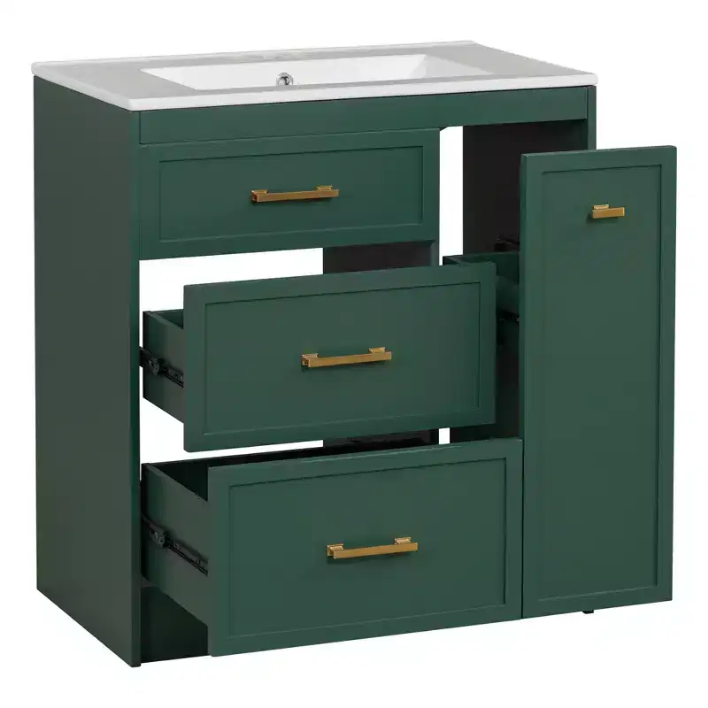 Freestanding Bathroom Vanity with Single Sink & 3 Drawers – Green