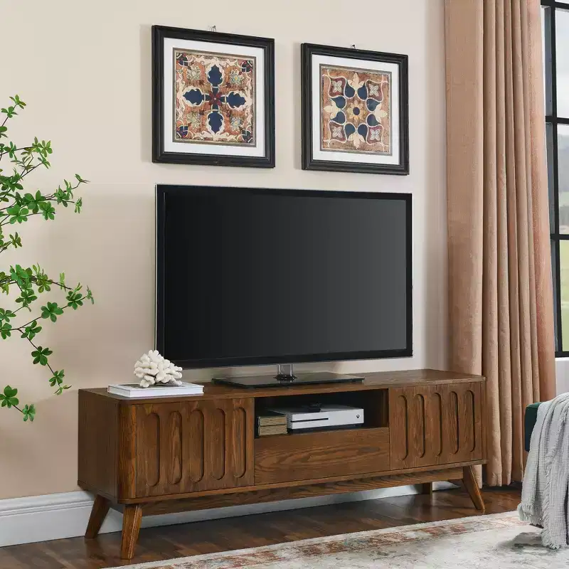 GDFStudio Kriknak Mid-Century Modern 59.1'' Wooden Fluted TV Stand with 2 Doors and 1 Drawer