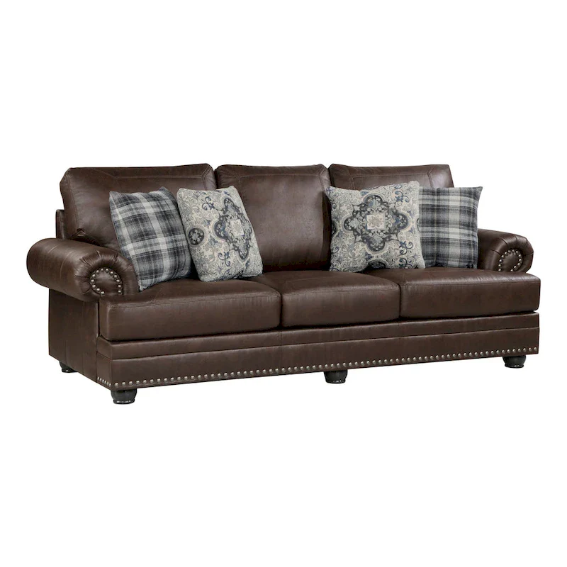 98 Inch Sofa, Rich Brown Microfiber, 4 Pillows, Soft Cushions, Wood