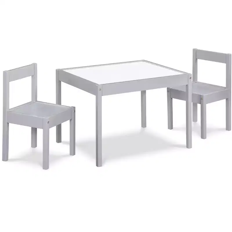 Etokfoks 3 Piece Kids Dry Erase Table and Two Chair Set Gray Solid Wood Durable Construction Easy to Clean Creative Art and Play Space
