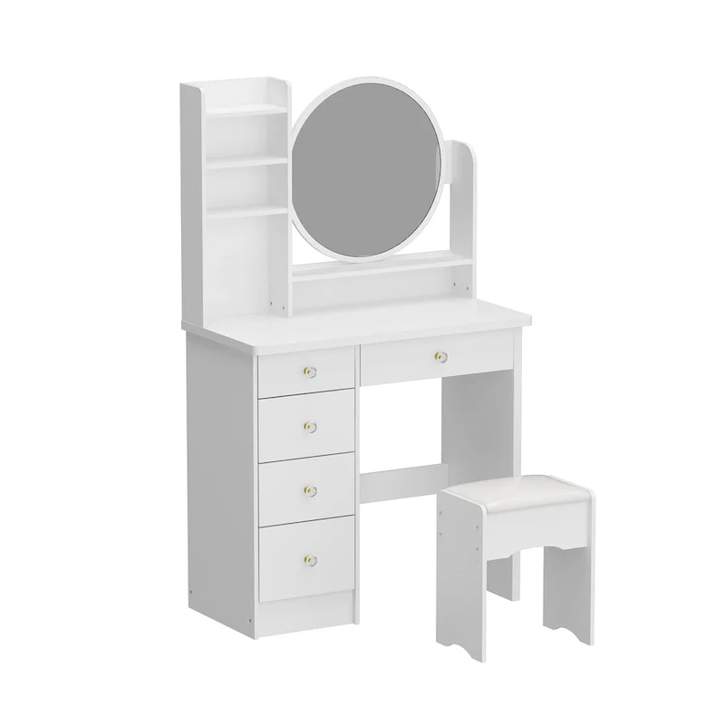 Makeup Vanity  Dresser w/Mirror Stool 5 Drawers - White/Pink/Black - 31.5L x 15.7W x 52H