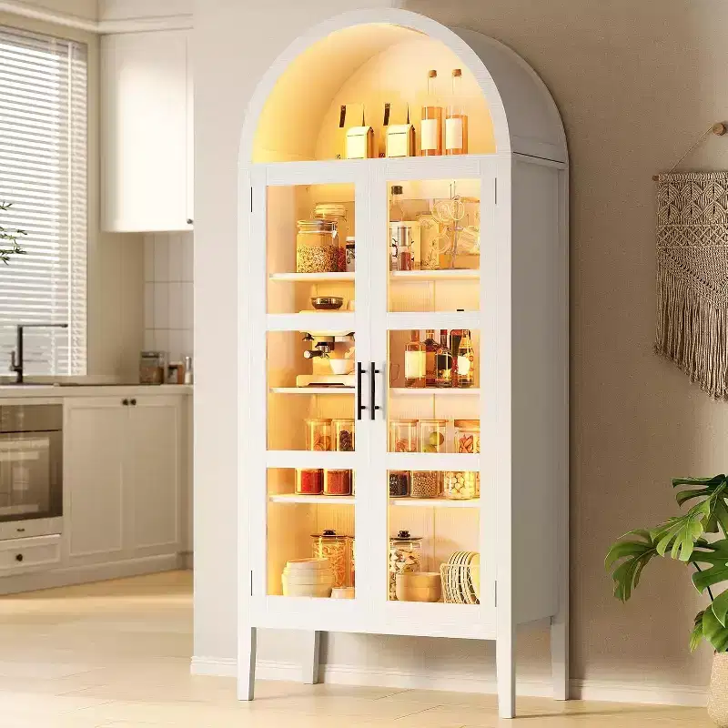 70 Tall Arched Kitchen Pantry Cabinet with LED Lights and Adjustable Shelves,Arched Bookshelf for Kitchen, Dining Room, Living Room