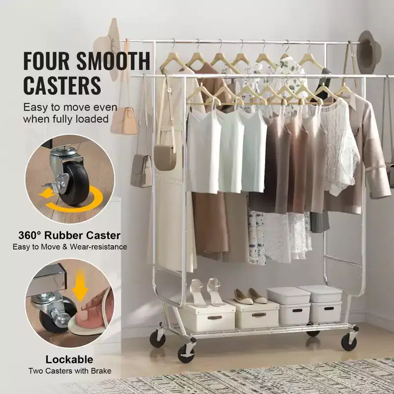 Heavy Duty Clothes Rack 600 lbs, Double Rod with Adjustable Height and Length