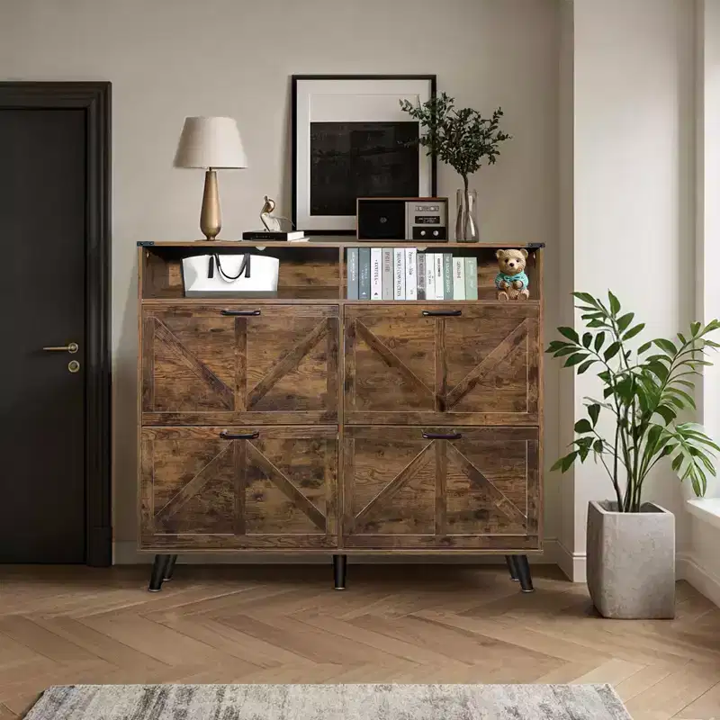 Shoe Storage Cabinet with 4 Flip Drawers and Open Storage - Dark Brown Freestanding Narrow Organizer for Entryway, Hallway, Living Room