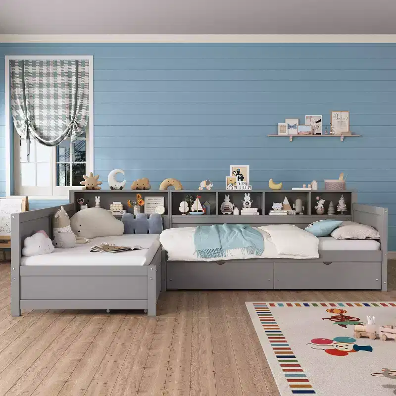 Twin Size Day Bed for 2, L- Shape Twin Size Platform Bed with Storage Drawers, Wooden Corner Bed with Bookshelf, Corner Bed Frame for Bedroom