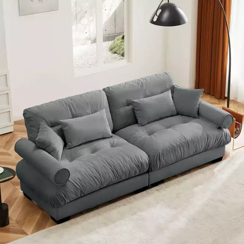 Large Size Modern Two-seater Sofa with Bolstered Armrests,Velvet 2-Seater Sofa With Waist Pillows and Throw Pillowsedroom,Grey