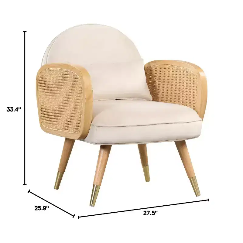 Dining Chairs Foam Upholstered Back Rest Seat Rattan Armrest Accent Rattan Chair With Metal Legs Mid Century Armchair