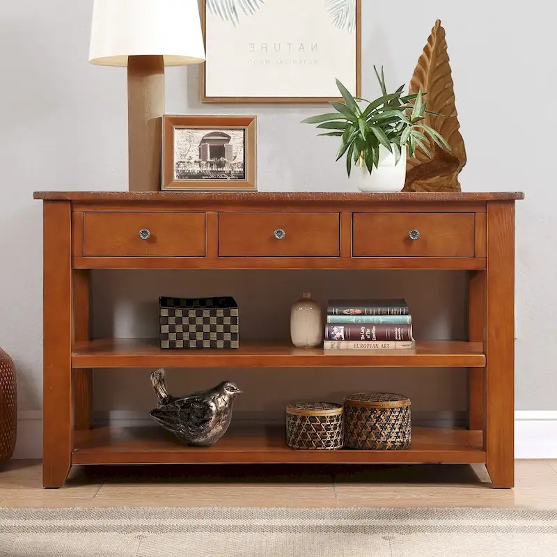 Modern Solid Pine Wood Top Console Table with 3 Drawers and 2 Shelves