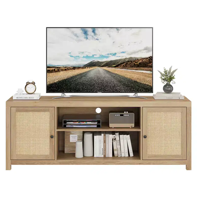 Boho TV Stand with 2 Rattan Doors for 65/75 inch TVs, 58/66 inch Media Console