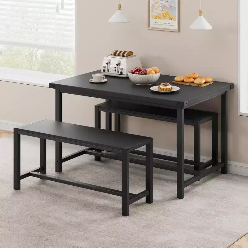 Dining Table Set for 4, Kitchen Table with Benches, Rectangular Dining Room Table Set with 2 Upholstered Benches, 3 Piece Dining Table Set