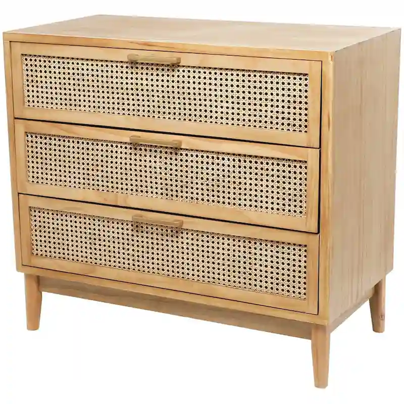 Wood 3-Drawer Cabinet with Cane Front Drawers and Gold Handles