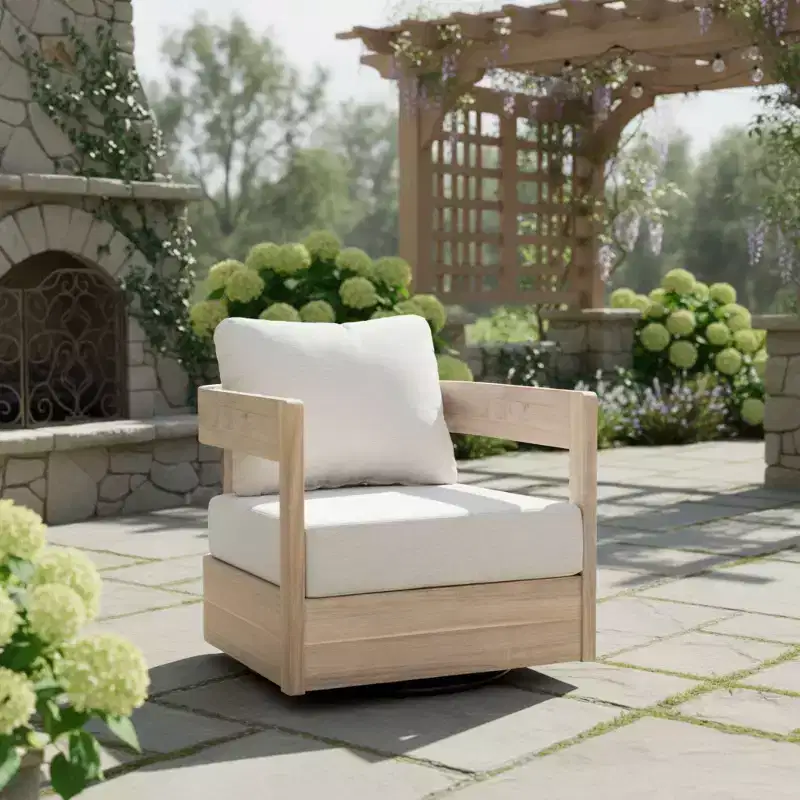Christopher Knight Home Hira Modern Outdoor Acacia Wood Swivel Club Chair with Thick Cushions and Curved Backrest