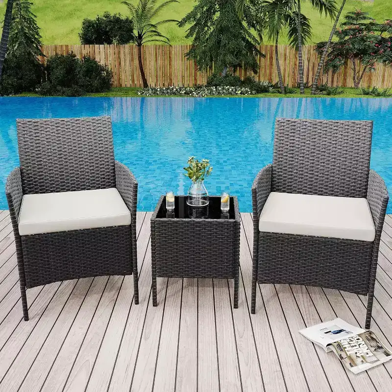 COZONY 3 Piece Outdoor Patio Set, PE Rattan Wicker 2 Chairs Glass Coffee Table Thick Cushion for Balcony Pool Porch Backyard