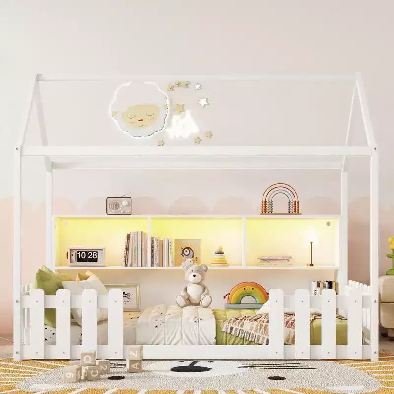 Okak Playhouse Floor Bed Twin Size with Guardrails,Kids Cottage Bed with Storage Bookshelf, Wooden House Bed Frame