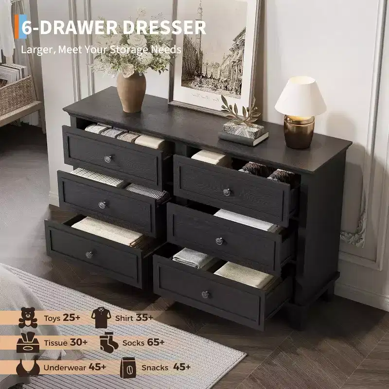 Farmhouse 6-Drawer Dresser in White, Double Wide TV Stand with Vintage Handles, Wood Chest for Bedroom