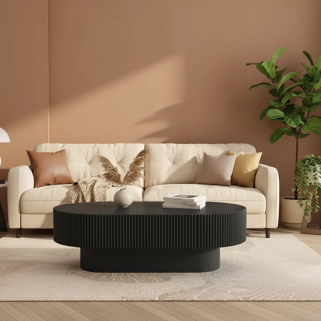 Oval Coffee Table with Fluted Base for Living Room