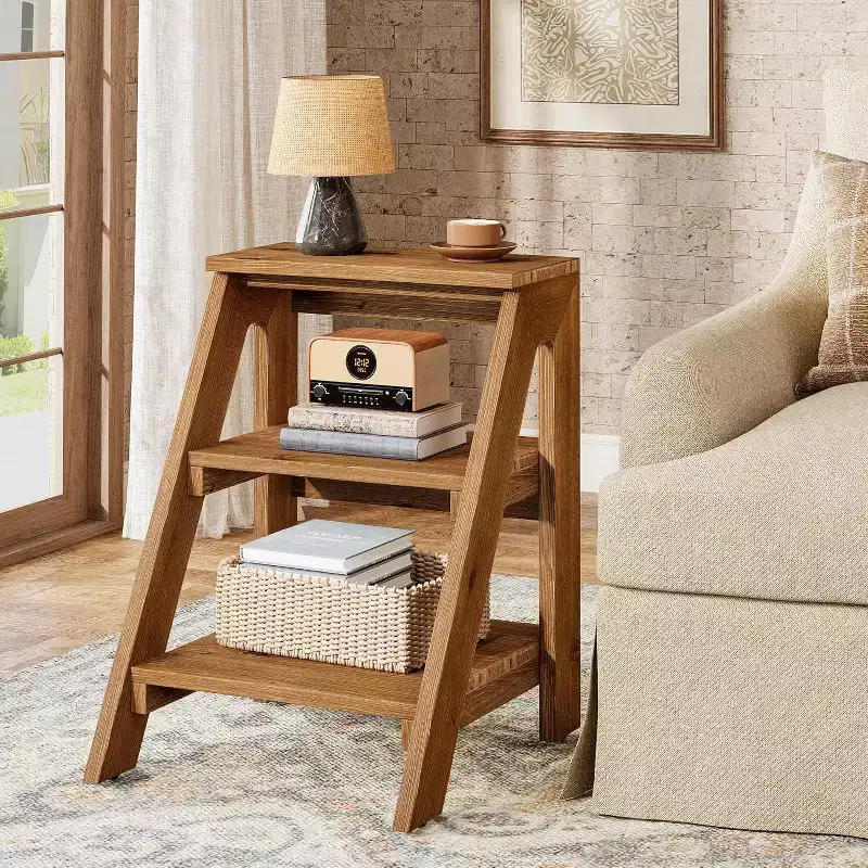 Round End Table, Farmhouse Side Table with White Metal Hollow Frame, Small Bedside Table Nightstand for Living Room, Bedroom, Easy Assembly