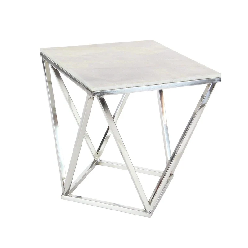 Stainless Steel Metal Side End Accent Table with Marble Top - Silver -