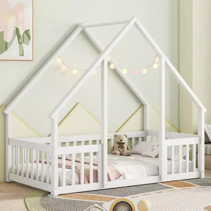Twin Wood House-shaped Floor Bed with Fence, Guardrails White