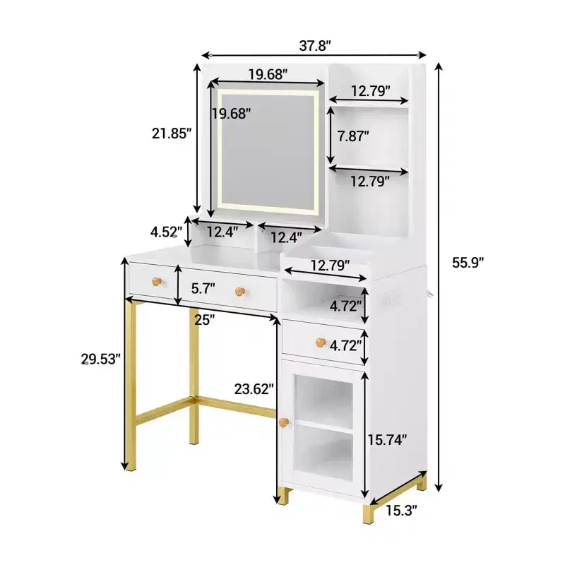 White Lighted Vanity Desk with Mirror, 2 Drawers & Acrylic Cabinet, Power Outlet, Single-User Makeup Table