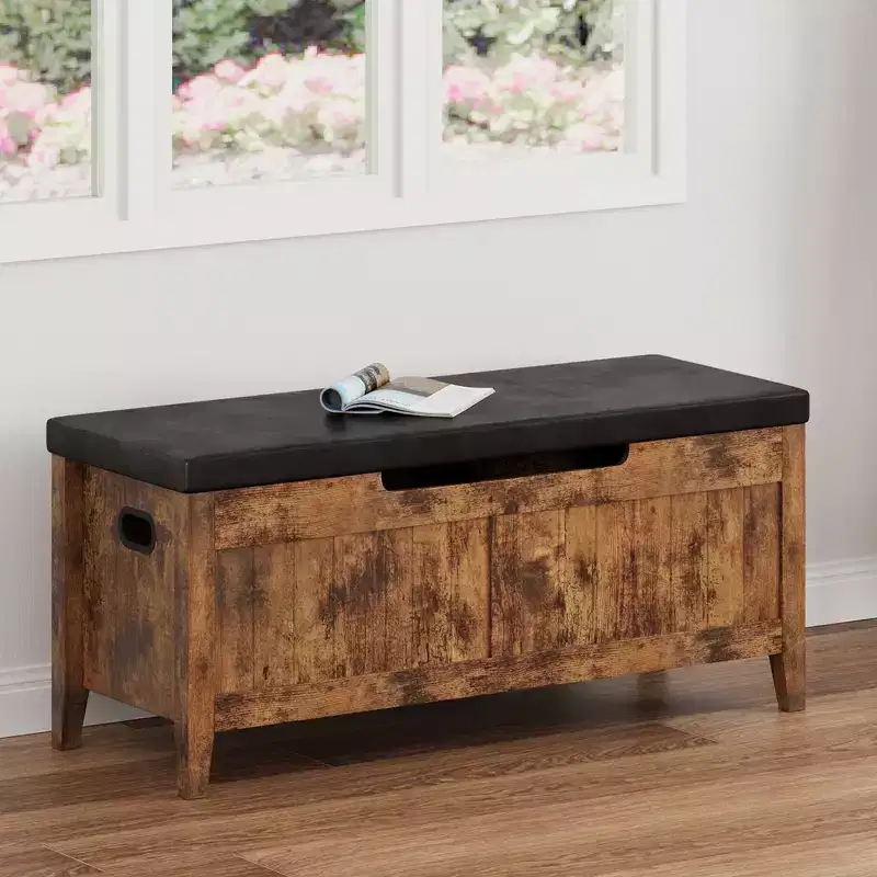 COZONY 39.4 Storage Bench with Lift Top & Cushion, Wooden Entryway Shoe Bench with 2 Safety Hinges, 260LB Load Storage Chest for Bedroom