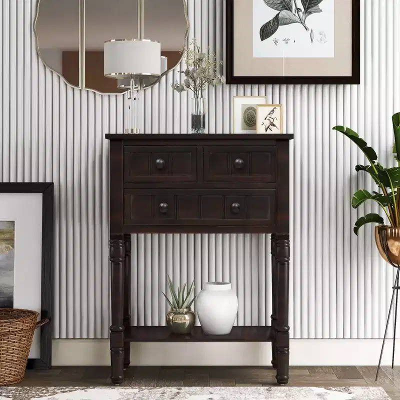 Okak 23.7IN Retro Narrow Console Table, Entry Table with Three Storage Drawers and Bottom Shelf, Hallway Table for Living Room, Entryway