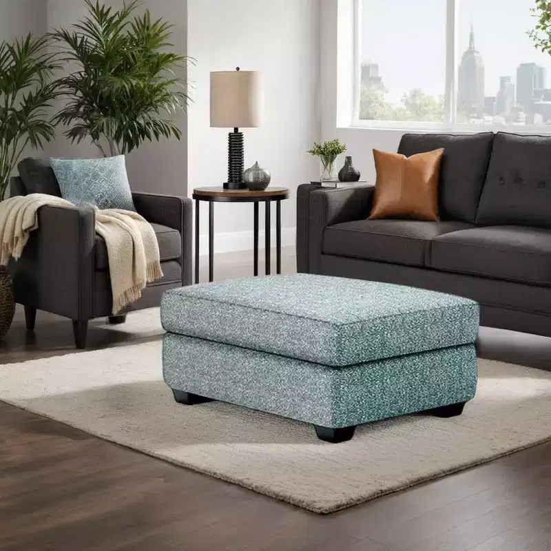 Ottoman, Teal Blue Polyester Cushioned Top, Black Wood, 40 Inch