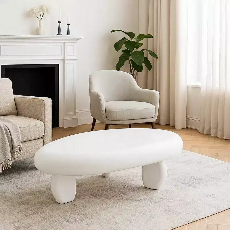 Coffee Table, 30 Inch Asymmetric Pebble Design, High Gloss White
