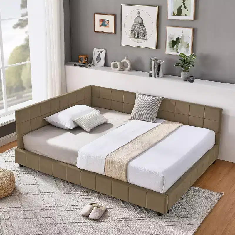 Okak Full Size Upholstered Tufted Bed Frame, Sofa Bed Frame with Comfortable Backrest and Armrests, Full Size Bed for Bedroom, Living RoomBrown