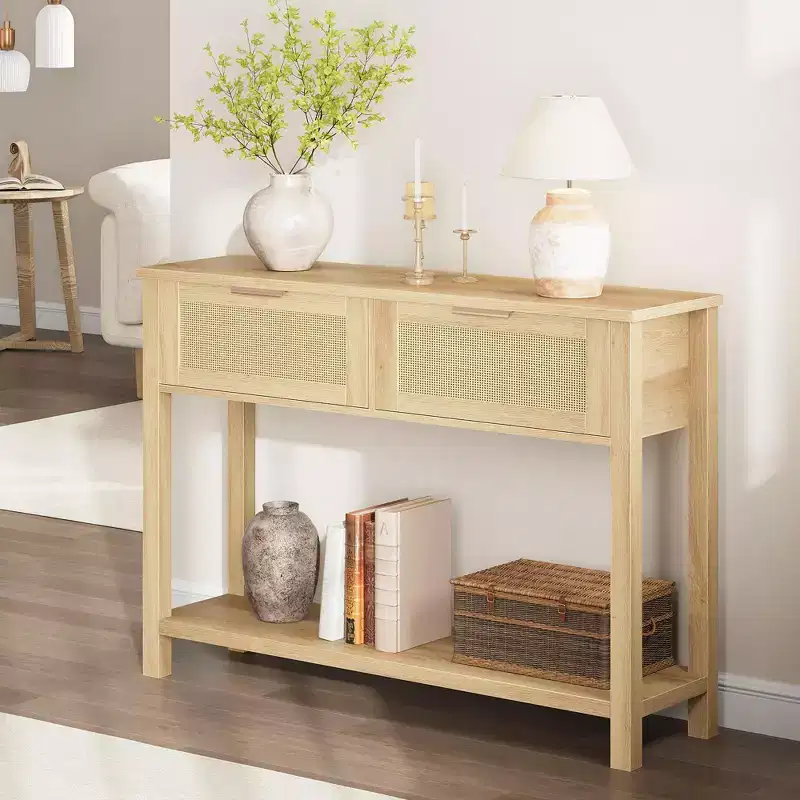 Farmhouse Rattan 43 Console Table  2 Drawers & Open Storage Shelf  Narrow Sofa Table for Entryway, Living Room, Hallway, Foyer
