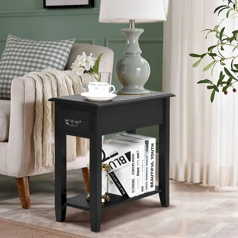 2-Tier Narrow Nightstand Side Table with Drawer & Lower Shelf – Black