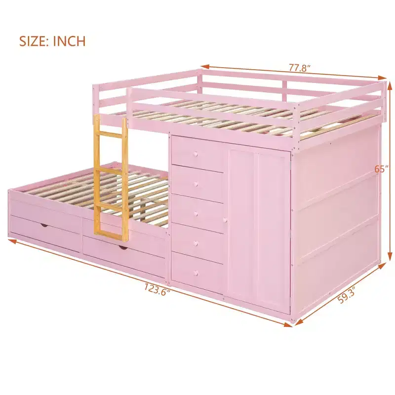 Full Over Full Modern Bunk Bed With Built In Closet And 7 Storage Drawers