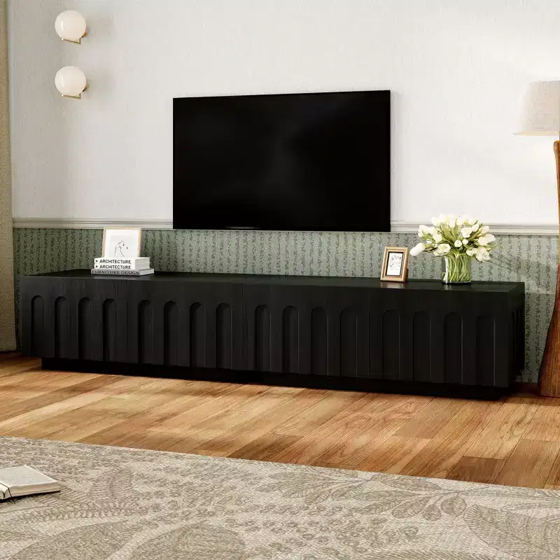 80 TV Stand with Arched Design, Modern Dual Purpose Coffee Table with 4 Drawers, Multi-Functional Storage Cabinet