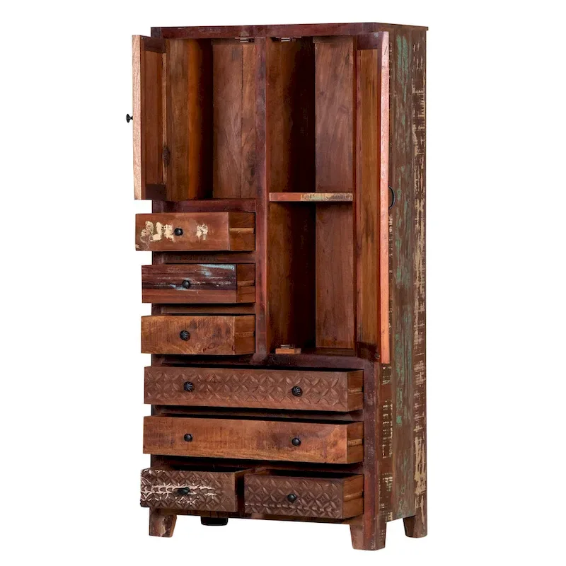 Antique White / Brown Solid Wood Armoire with 7 Drawers & 2 Doors