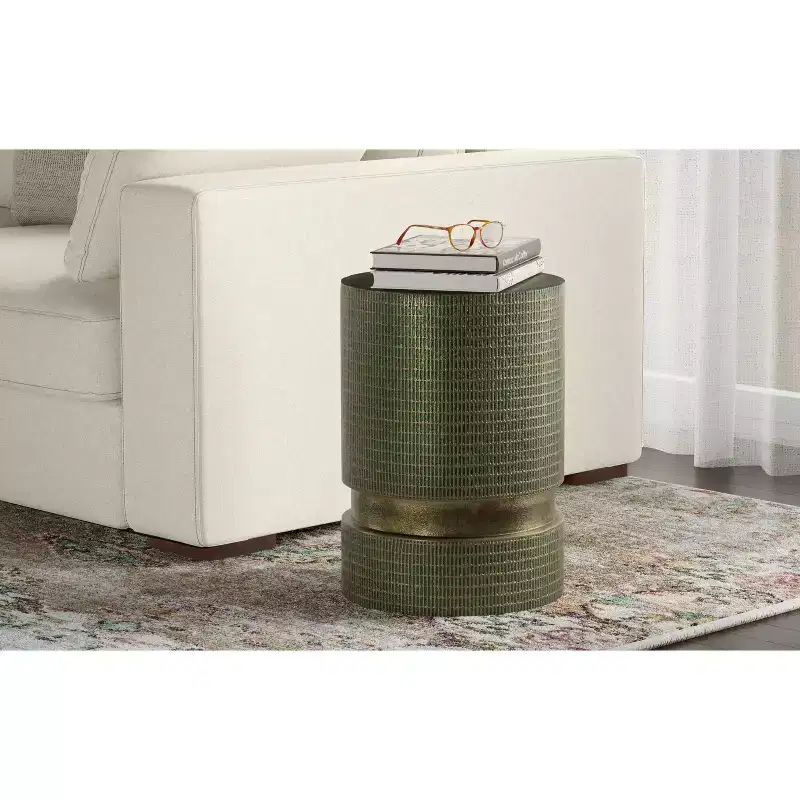 Modern Industrial 13 inch Wide Cast Aluminum Side Table in Light Green Patina, Fully Assembled