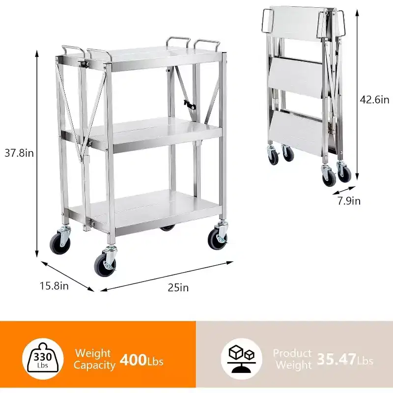 3 Tier Stainless Steel Utility Cart,Foldable Utility Service Cart with Wheels,Heavy Duty 300LBS Capacity Portable Rolling Carts for Kitchen Workshop
