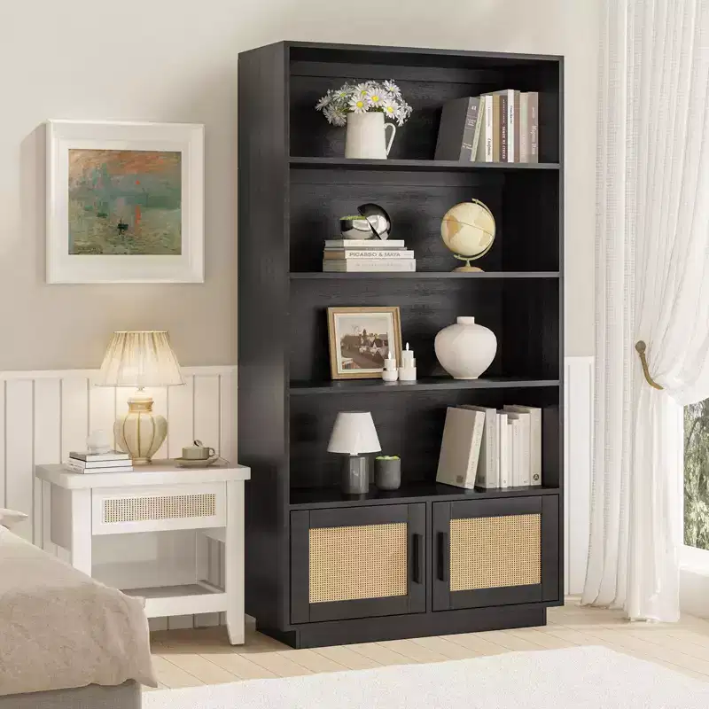 5 Tier Bookshelf, Boho Bookcase with Rattan Doors, Wooden Bookcase and Bookshelf with Storage, Tall Book Stand, Large Bookshelf for Living Room, Home