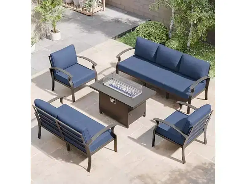 ALAULM Aluminum Patio Furniture Set 7-Seat Modern Metal Outdoor Conversation Sets w/45in Propane Fire Pit Table