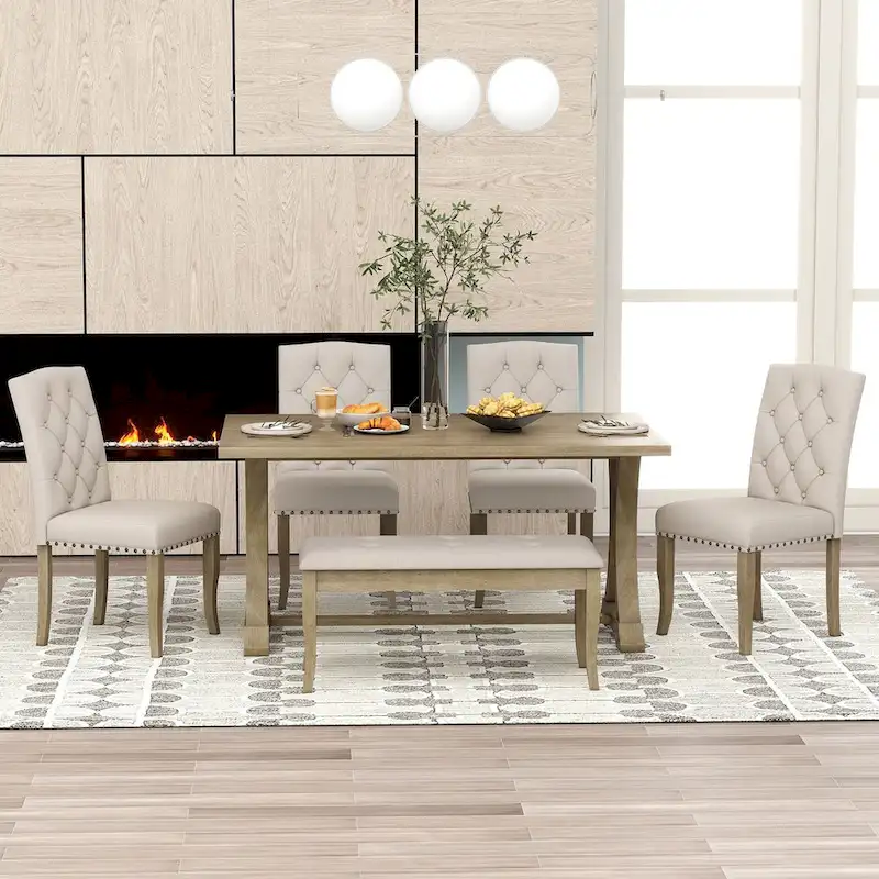 6-Piece Farmhouse Dining Table Set, Rectangular Trestle Table and 4 Upholstered Chairs & Bench
